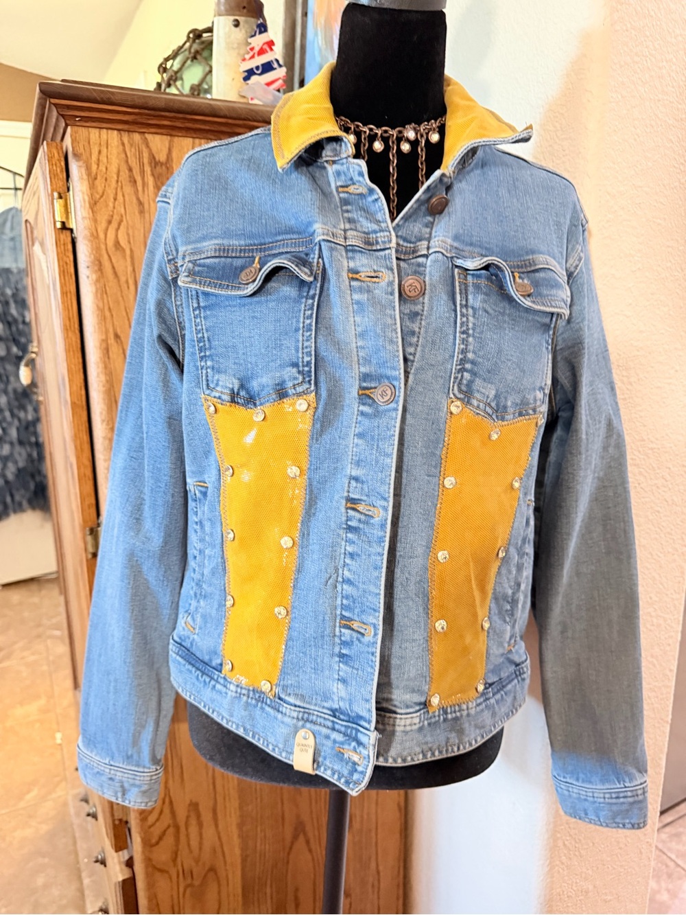 Women’s Blue Denim Jacket with Yellow Accent Panels